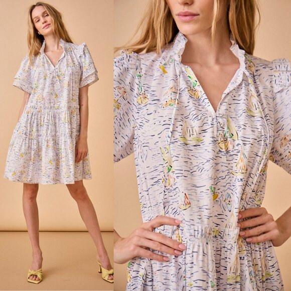 Hunter Bell Merritt Regatta Tiered Mini Dress Nautical Boat Print Size S - Picture 2 of 11
